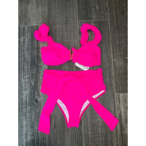 Hot Pink Ruffle Bikini Set With High Waist & Tie Details - Size Large - Picture 1 of 3